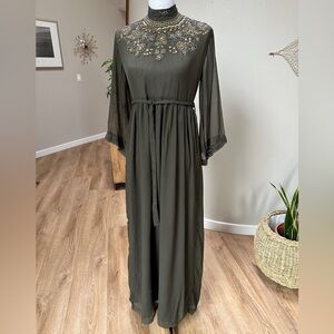 Long column high neck beaded and sequin chiffon Global Inspired Dress
